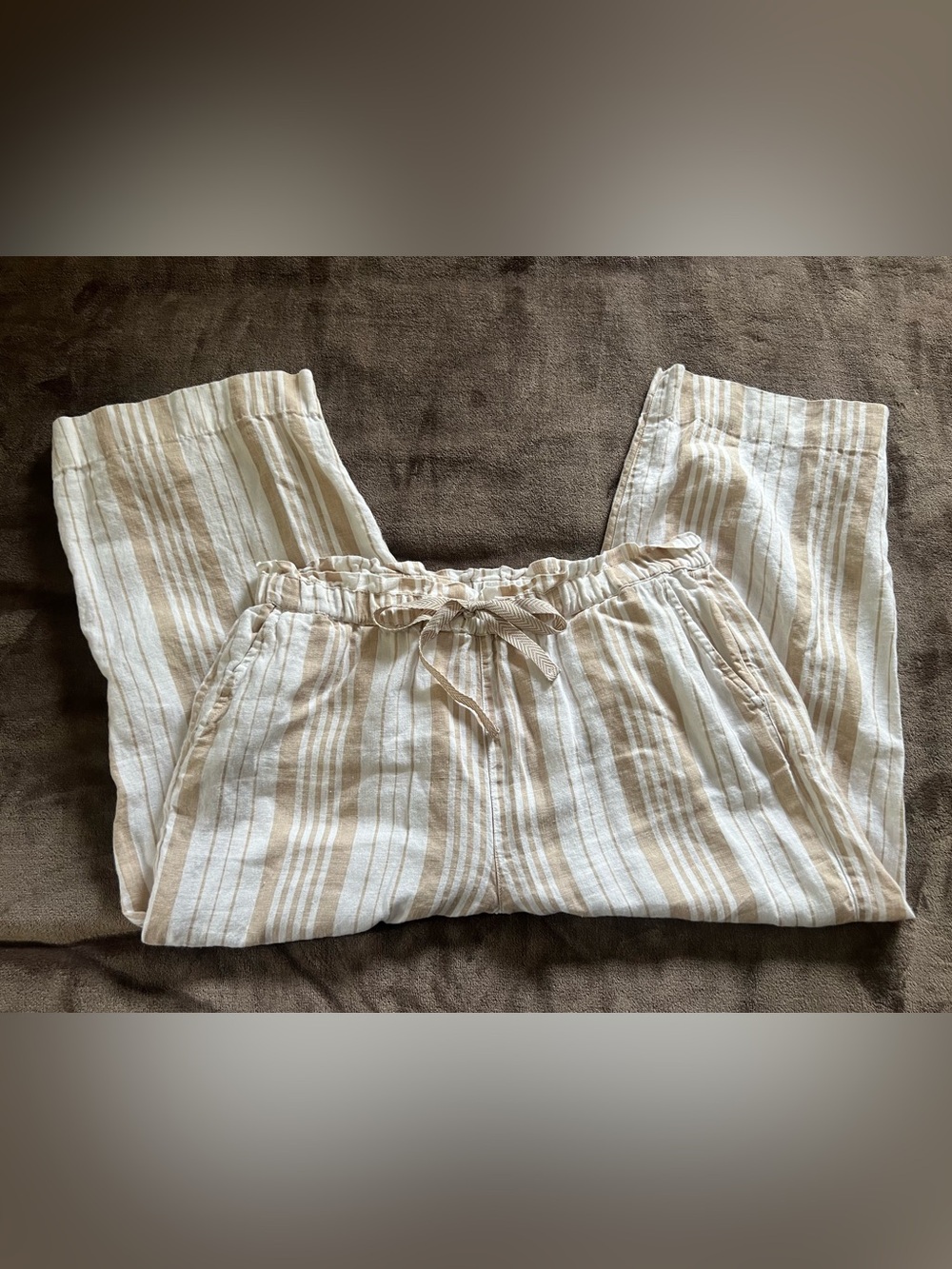 Chico's Beige and White Striped Linen Crop Pants